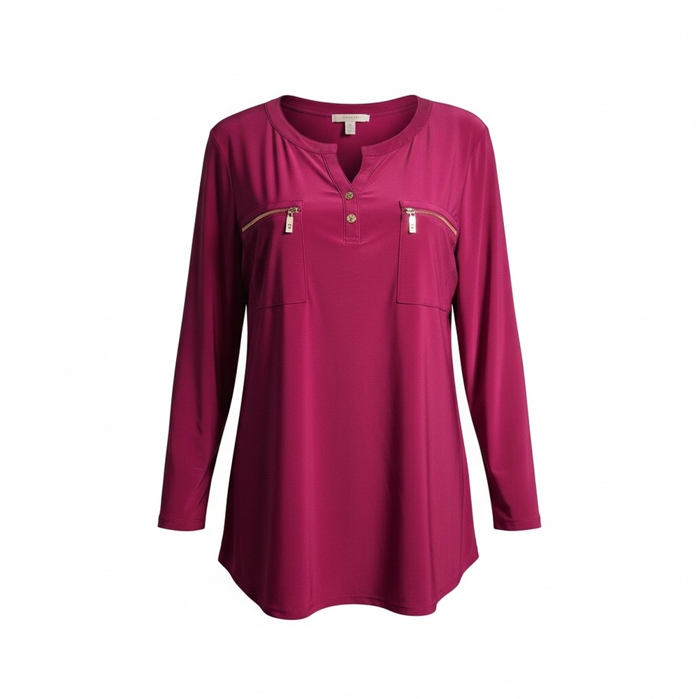 Anne Klein Magenta Long-Sleeve Zip Pocket Henley Top — Size XL